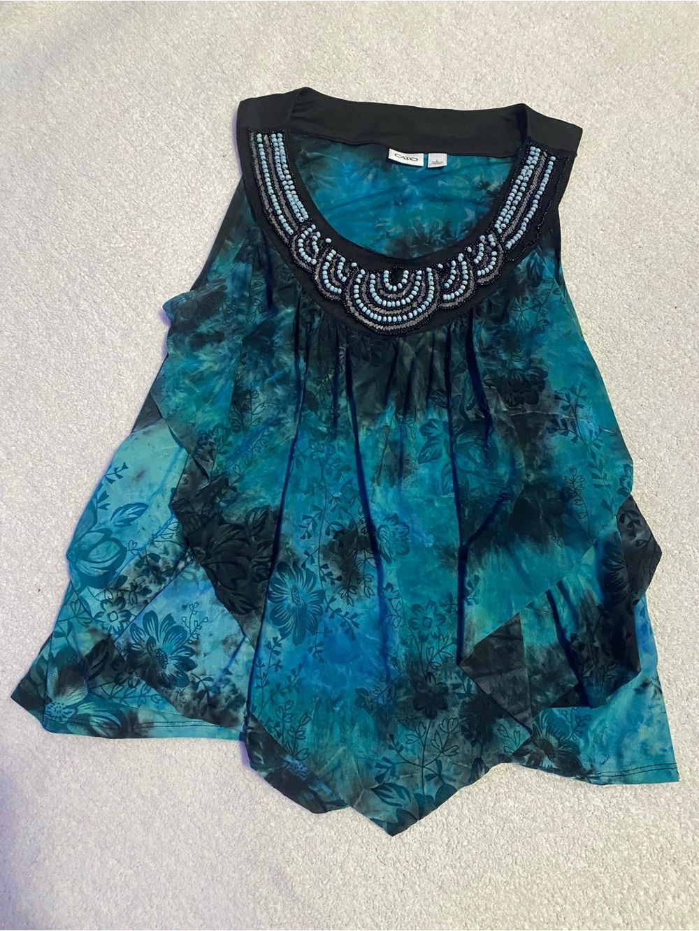 Cato Embellished Teal Floral Sleeveless Top